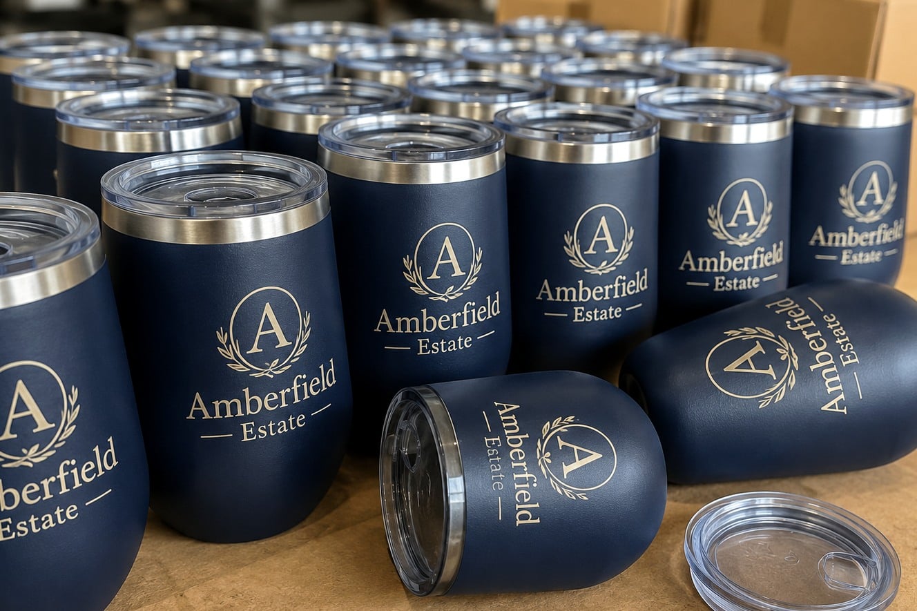 Custom wine tumblers with logo arranged on a tasting room counter