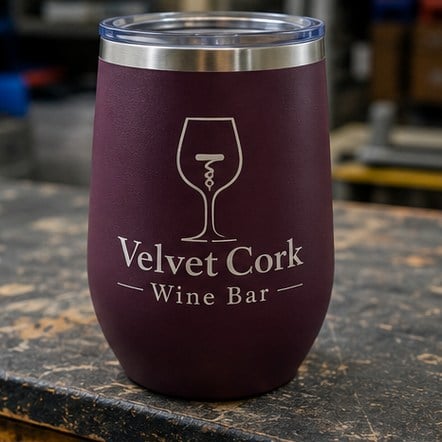 Engraved wine tumbler merchandise display